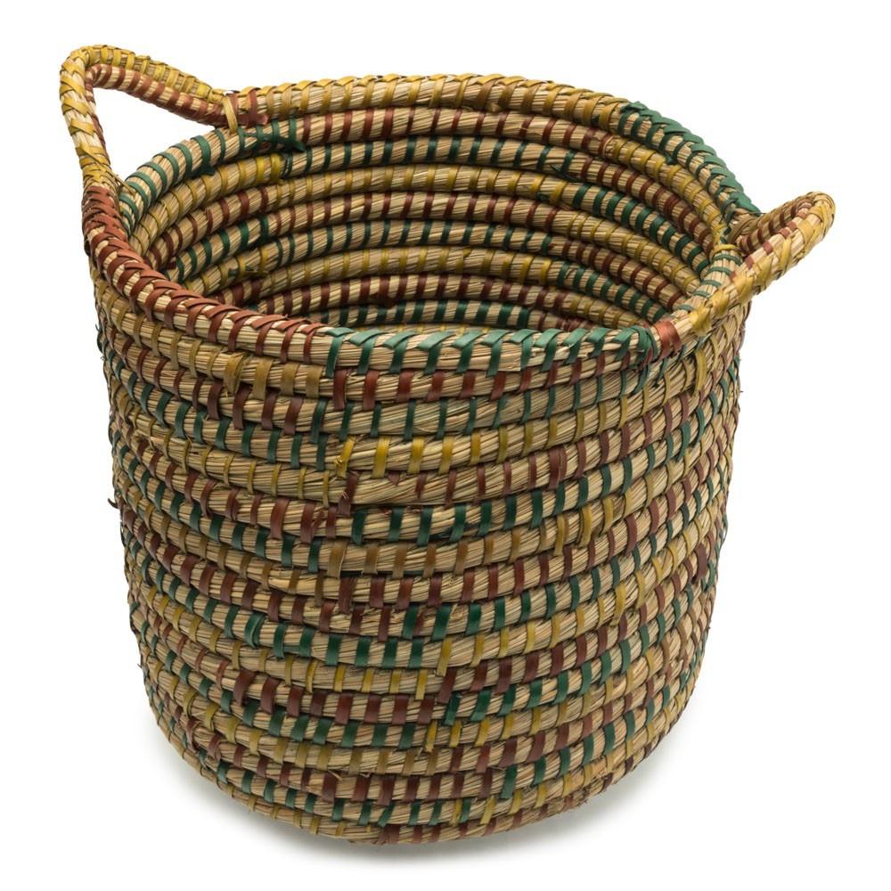 CESTA ARTESANAL CON ASAS DE COLOR CARMIN Y VERDE CESTA ARTESANAL CON ASAS DE COLOR CARMIN Y VERDE