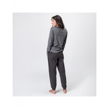PIJAMA DE MUJER ALGODÓN ORGÁNICO MODELO FUSA CHECKS COLOR GRIS