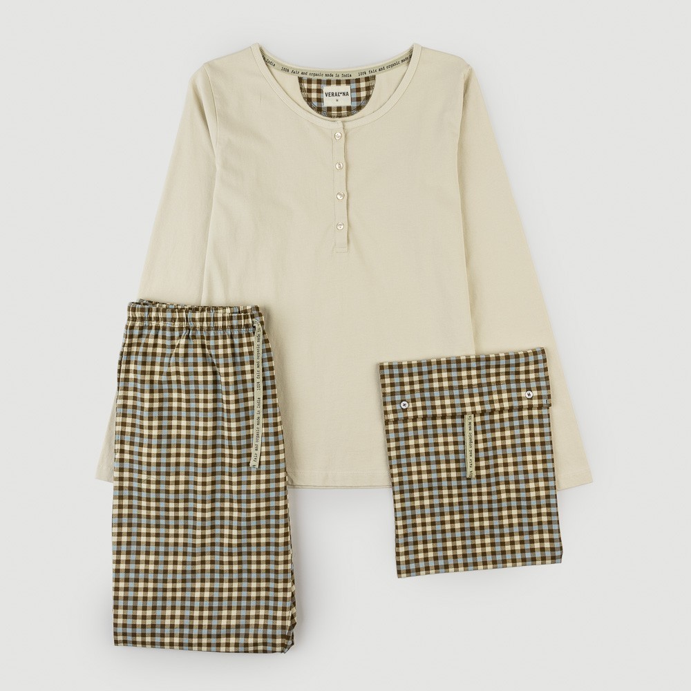 PIJAMA PARA MUJER DE ALGODÓN ORGÁNICO FUSA CHECKS CRUDO