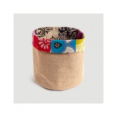 CESTA ARTESANAL DE JUTE RECICLADA MODELO FLORES PEQUEÑA (ALTURA 22cm)