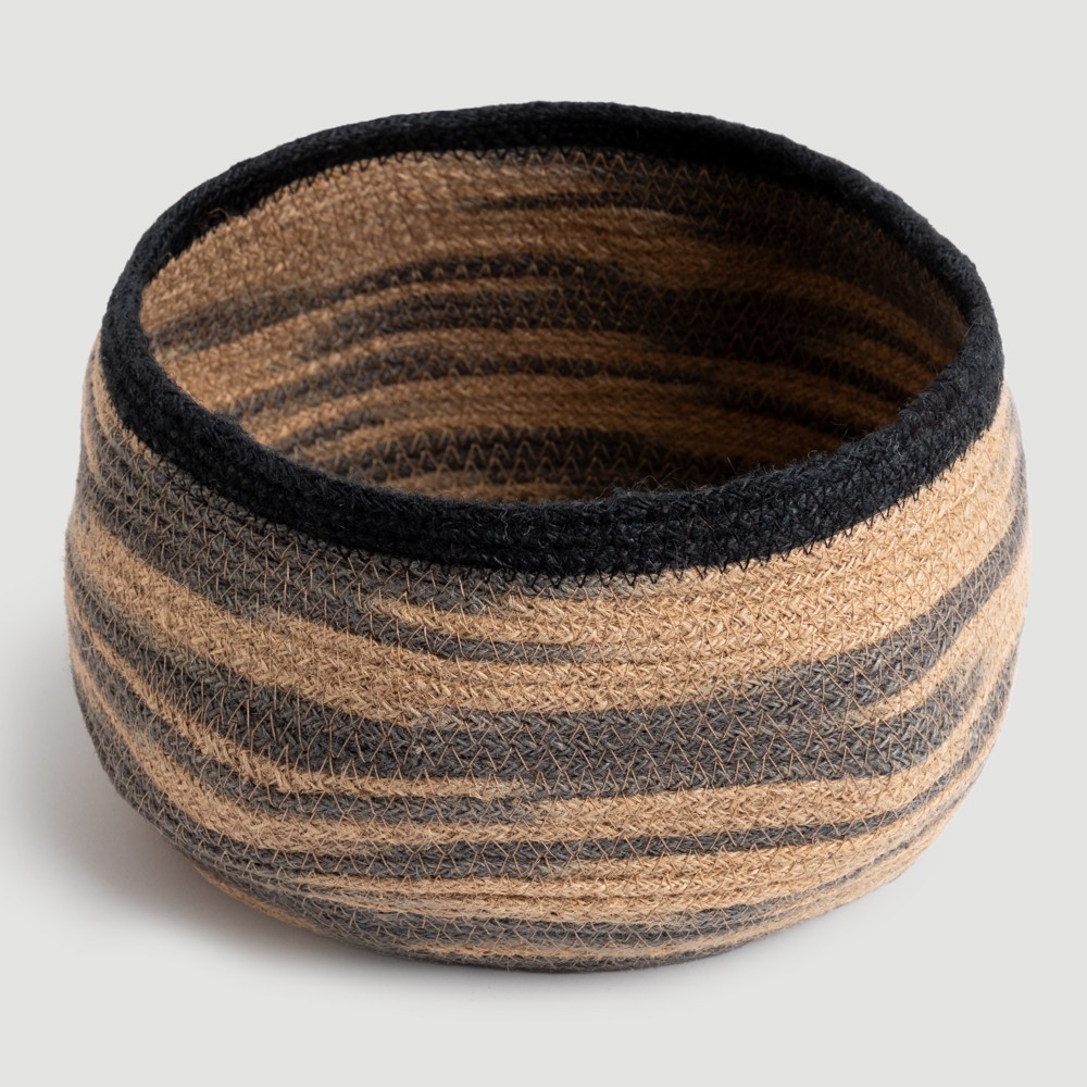 CESTA DE JUTE RAYAS GRISES BORDE NEGRO