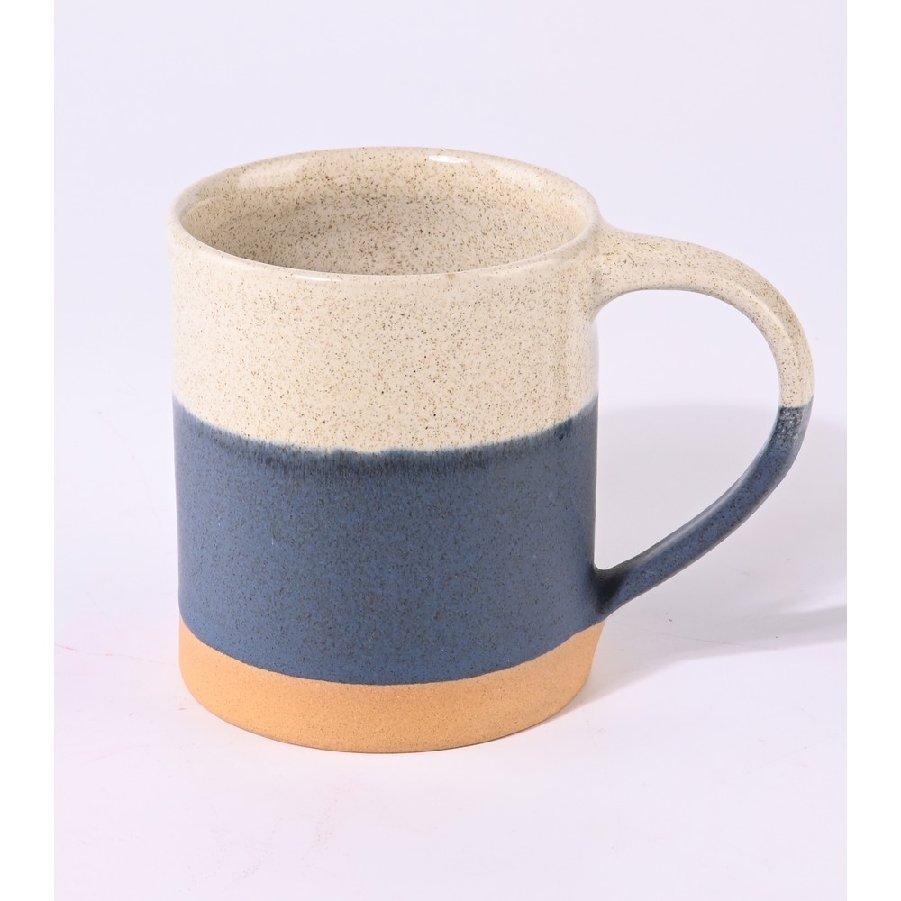 TAZA ARTESANAL DE CERAMICA CON DISEÑO BLANCO AZUL AMARILLO 