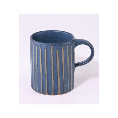 TAZA ARTESANAL DE CERAMICA CON DISEÑO AZUL RAYAS AMARILLAS