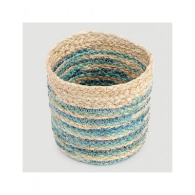 CESTA ARTESANAL DE JUTE CILINDRICA RAYAS AZULES