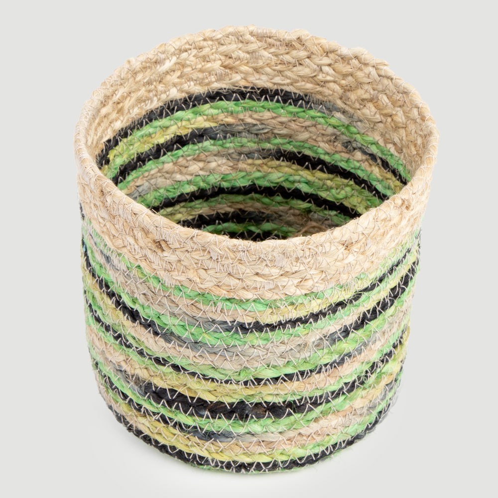 CESTA DE JUTE CILÍNDRICA CON RAYAS NEGRAS Y VERDES