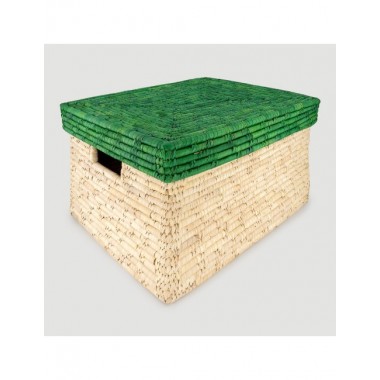 CESTA ARTESANAL DE JUTE CON TAPA VERDE Y BASE NATURAL 50x40 CM
