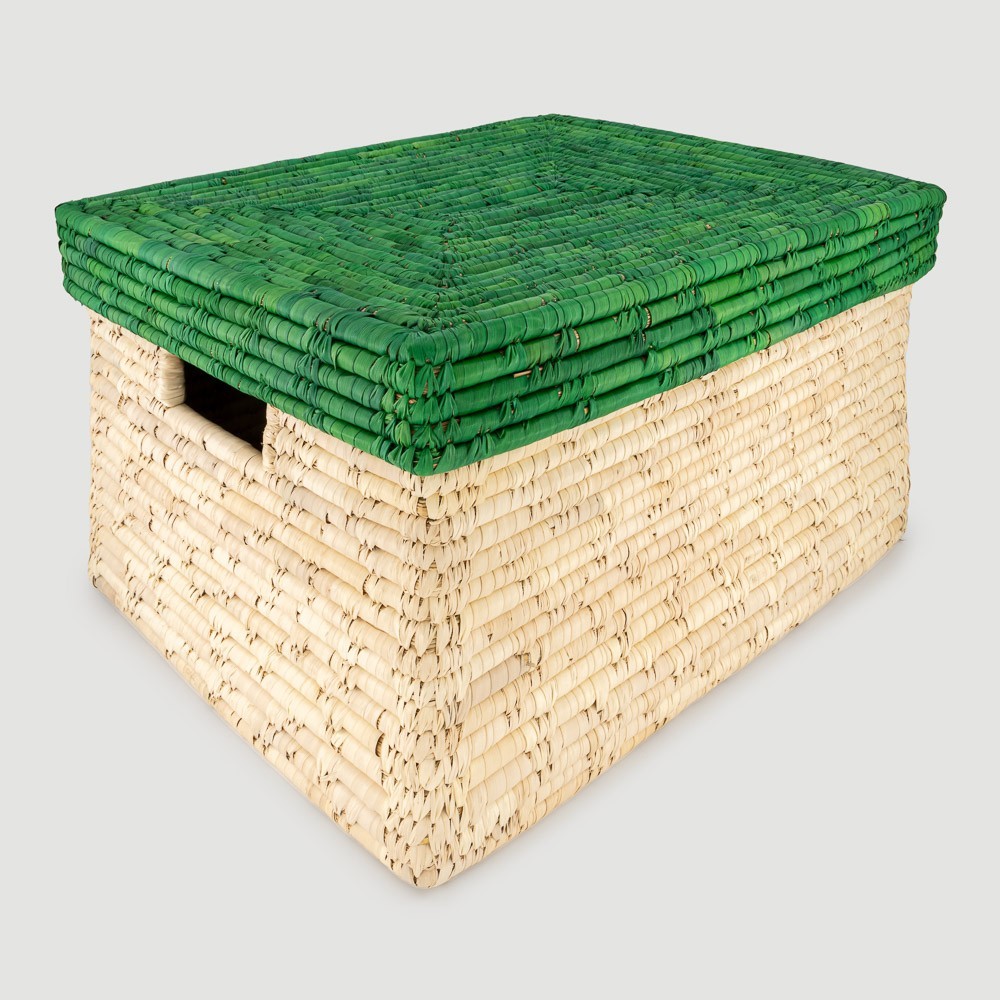 CESTA ARTESANAL DE JUTE CON TAPA VERDE Y BASE NATURAL 50x40 CM CESTA ARTESANAL DE JUTE CON TAPA VERDE Y BASE NATURAL 50x40 CM