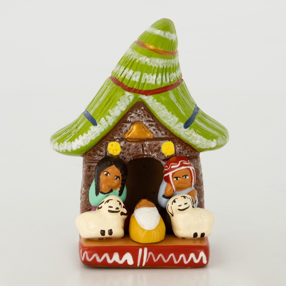 BELEN PESEBRE ARTESANAL NAVIDAD ESCENA TECHO MARRÓN ROJO