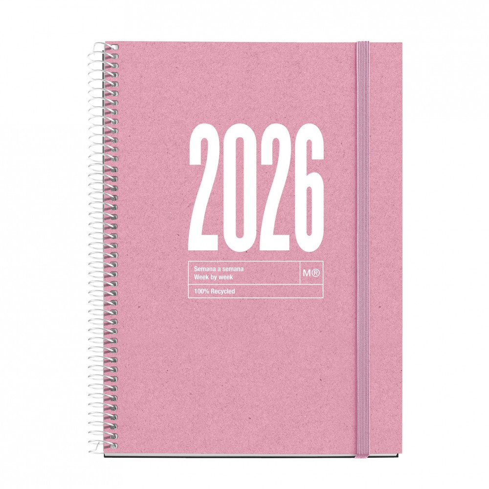 AGENDA 2026 DE PAPEL RECICLADO PLUS ROSA CASTELLANO SEMANA VISTA