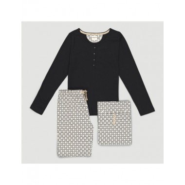 PIJAMA DE MUJER DE ALGODÓN ORGÁNICO FUSA BLOCKS NEGRO VERALUNA