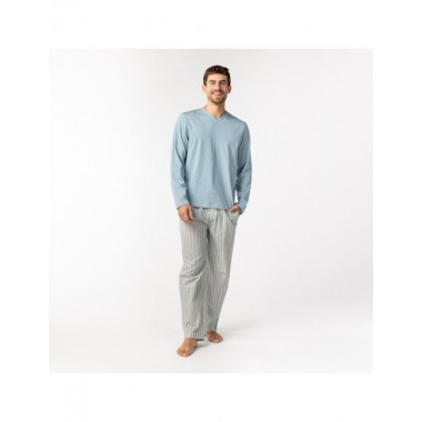 PIJAMA DE HOMBRE DE ALGODÓN ORGÁNICO UVE RAYAS TURMALIN VERALUNA