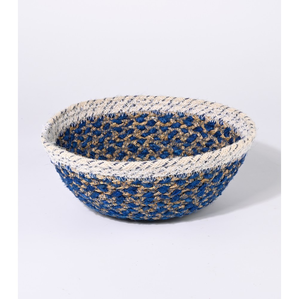CESTA ARTESANAL DE JUTE COLOR AZUL CON BORDE BLANCO