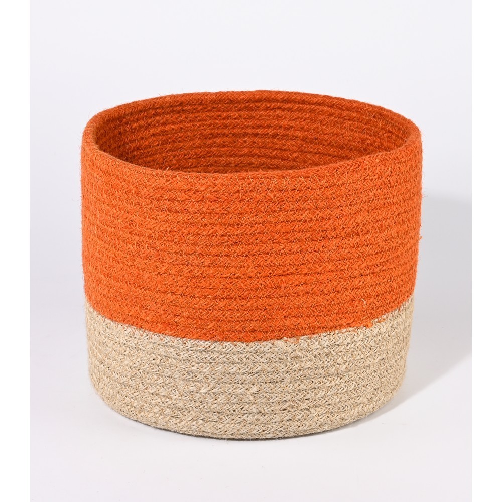 CESTA REDONDA DE JUTE COLOR NATURAL Y NARANJA DIAMETRO 25 CM