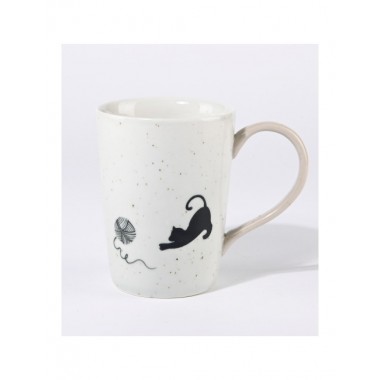 TAZA ARTESANAL DE CERÁMICA CON MOTIVO GATO Y LANA