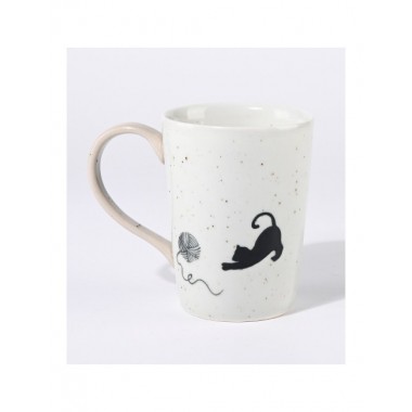 TAZA ARTESANAL DE CERÁMICA CON MOTIVO GATO Y LANA