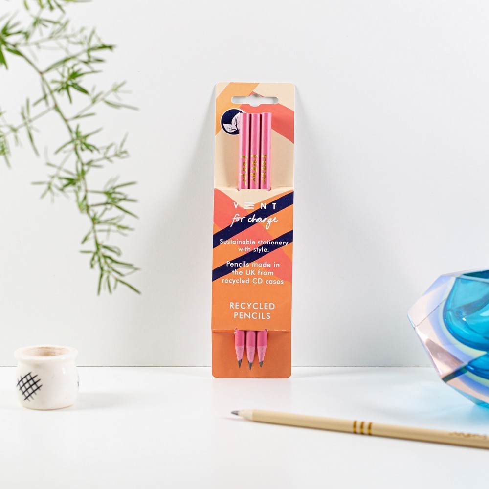 PACK DE 3 LAPICES DE PLASTICO RECICLADO ROSA