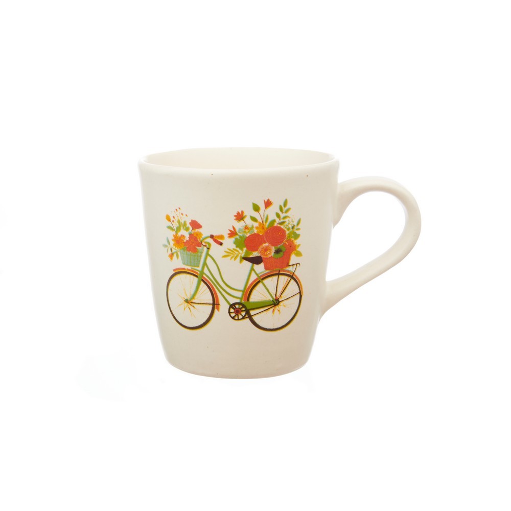 TAZA ARTESANAL DE CERÁMICA COLOR BLANCO CON MOTIVO BICI Y FLORES