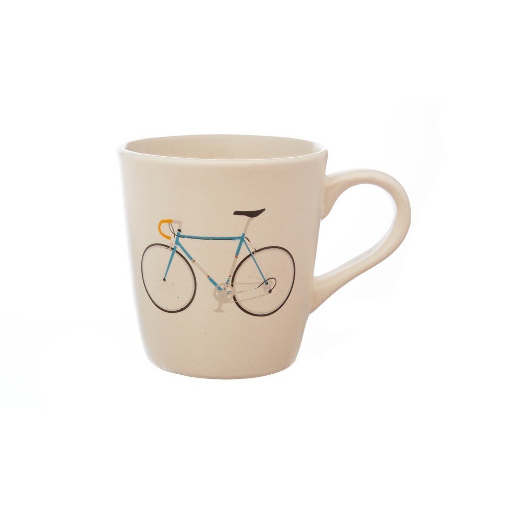 TAZA ARTESANAL DE CERÁMICA COLOR BLANCO CON MOTIVO BICI DE CARRERAS