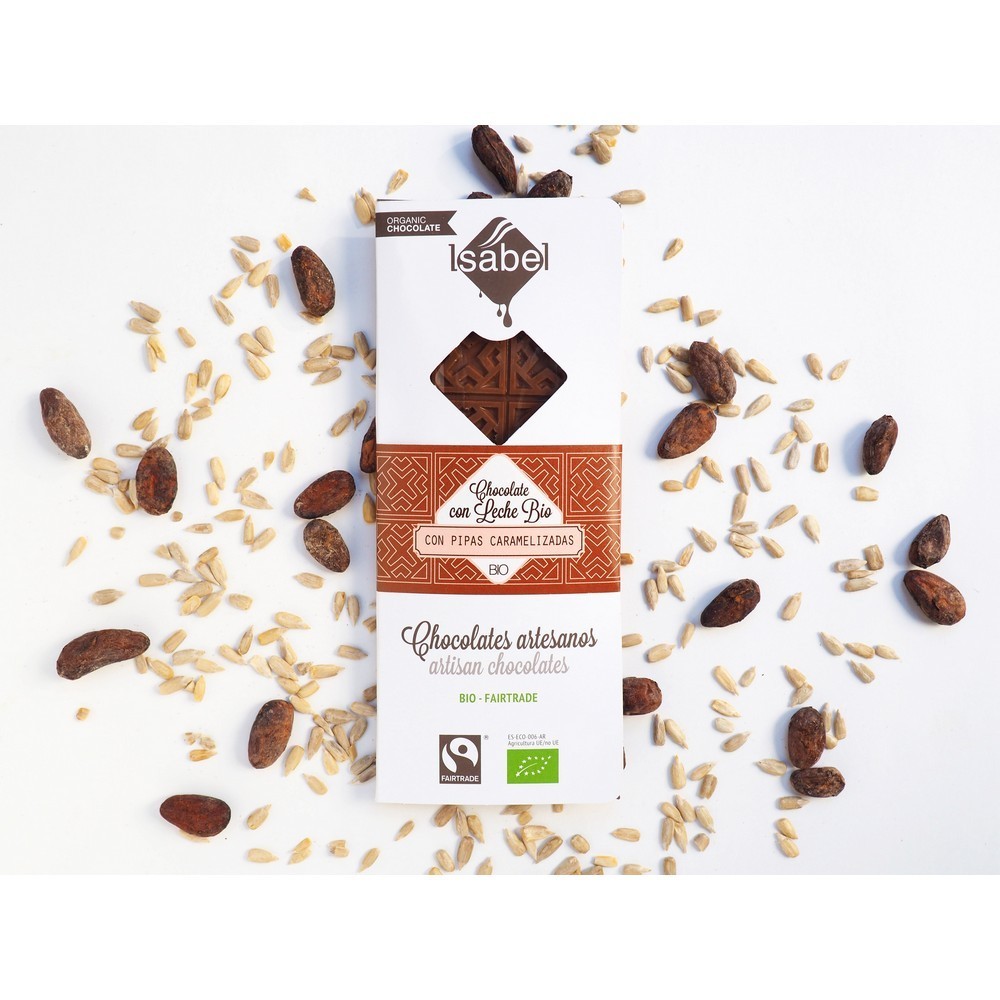 TABLETA CHOCOLATE LECHE BIO PIPAS CARAMELIZADAS TABLETA CHOCOLATE LECHE BIO PIPAS CARAMELIZADAS